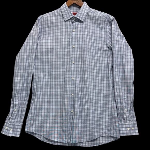 Hugo Boss Mens Slim Fit Button Down Shirt Sz 15.5 39 Blue Gray Plaid Long Sleeve - Picture 1 of 12